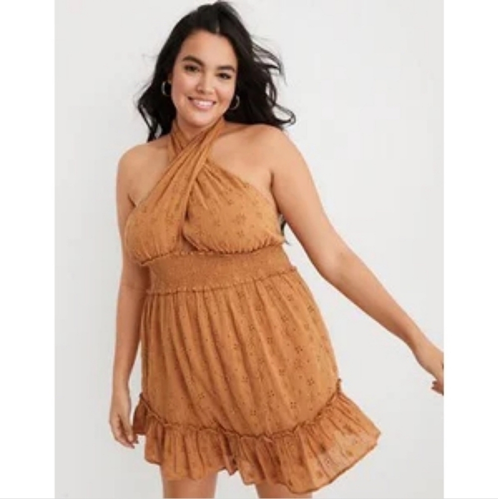 NWOT Aerie Spring Fling Halter Eyelet Boho Tan Dress XL
